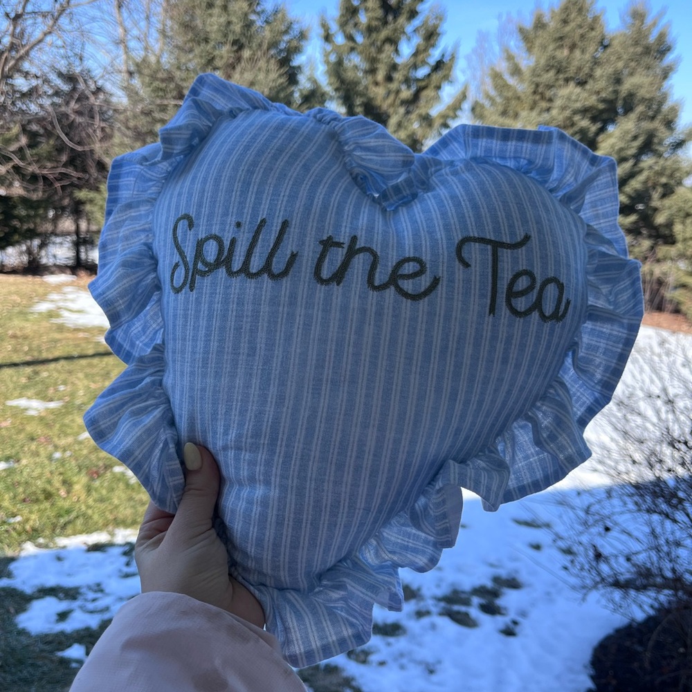 TJ Maxx spill the tea embroidered heart pillow stripes ruffles
